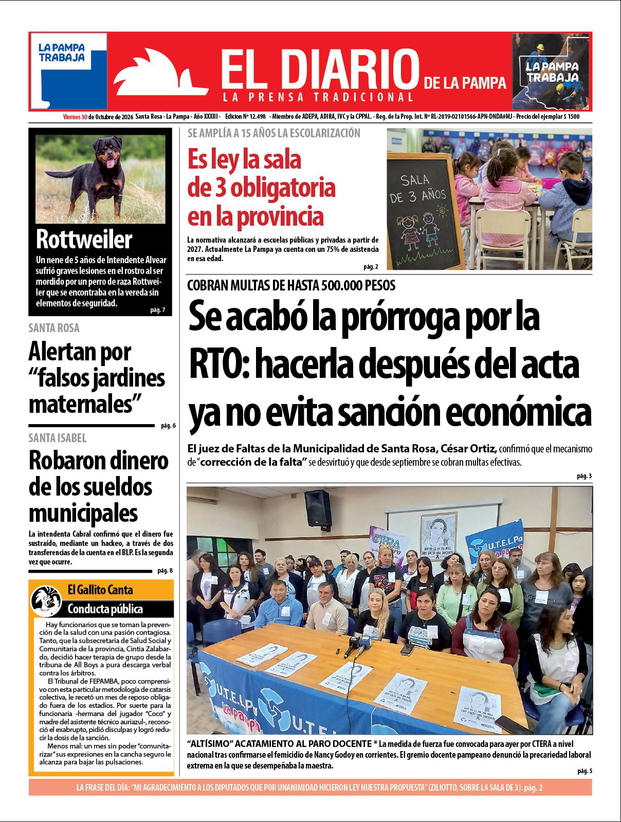 Tapa de El Diario en papel  viernes 30 de octubre de 2026